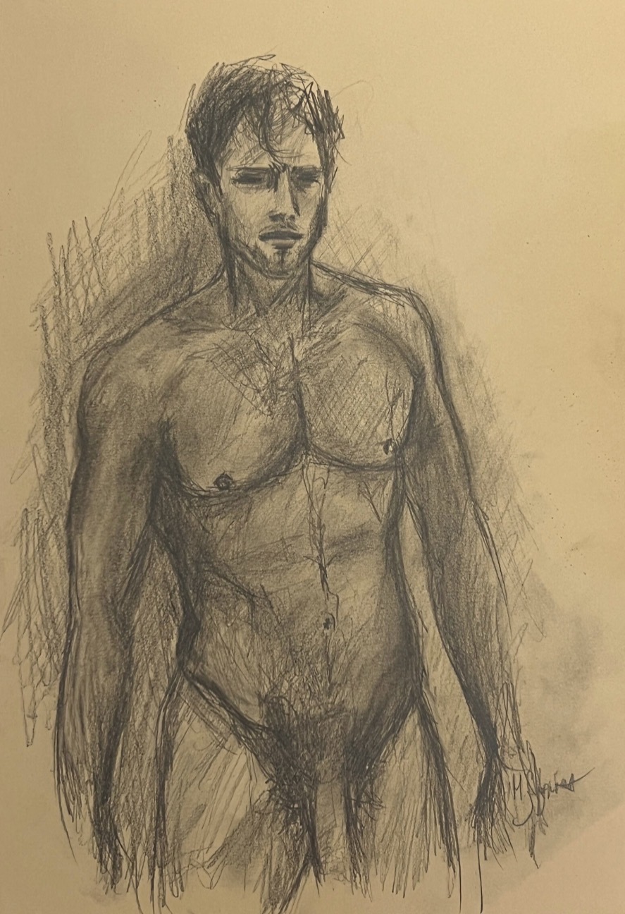 Handsome Guy with a Kind Heart, original male nude charcoal drawing